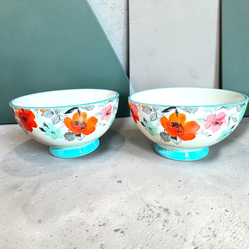 Pioneer Woman Flea Market Floral Footed Bowls Set of 2 Turquoise Rim 6 Inch
